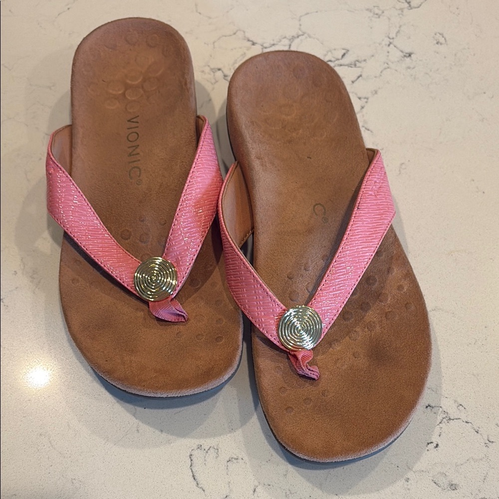 Vionic Mona Orthotic Thong Sandals Pink Saffiano Gold Button Comfort
